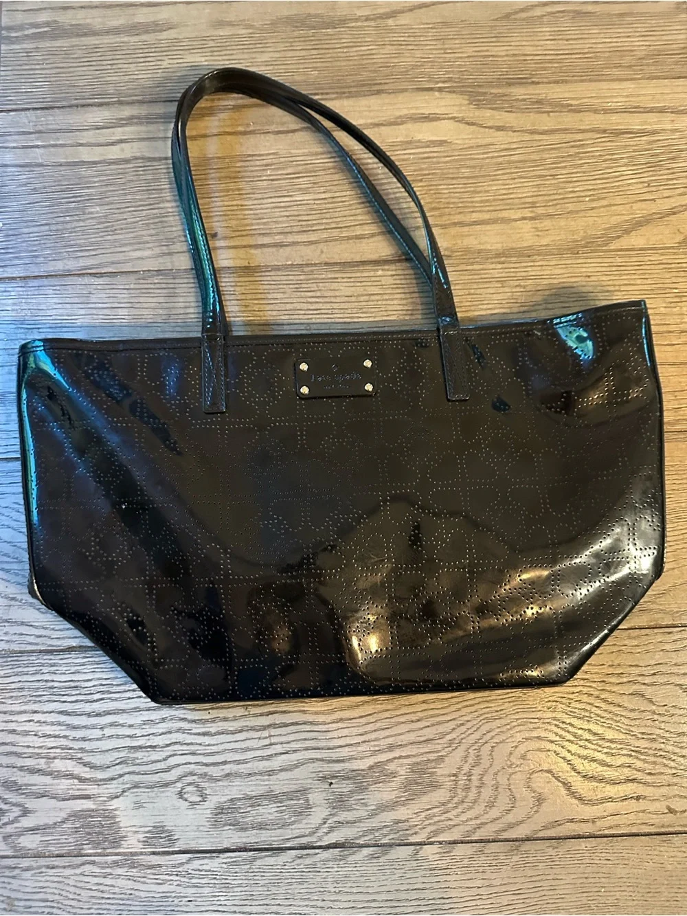 kate spade Black Patent Shoulder Tote with Perforated Pattern